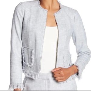 Rebecca Taylor Fringe-Trim Tweed Jacket Color: Grey & Light Blue Size: 6